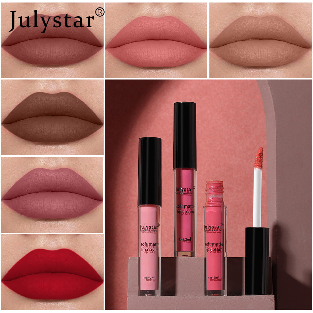 Julystar soft matte liquid lip creams shown in various shades alongside lips wearing the colors.