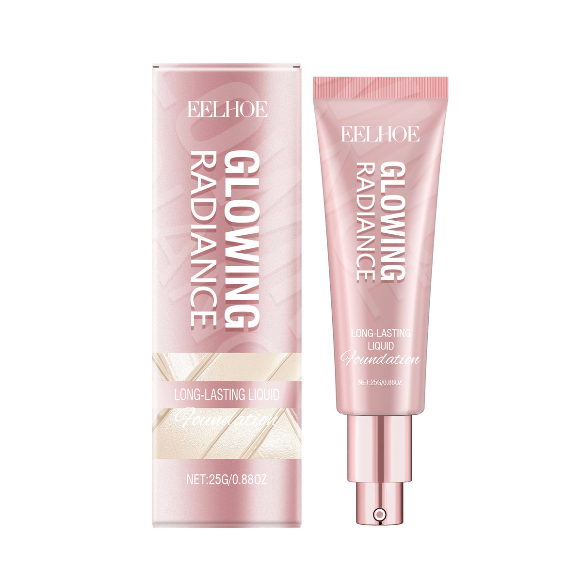 EELHOE Glowing Radiance liquid foundation tube and box in metallic pink with white typography and a pump dispenser.