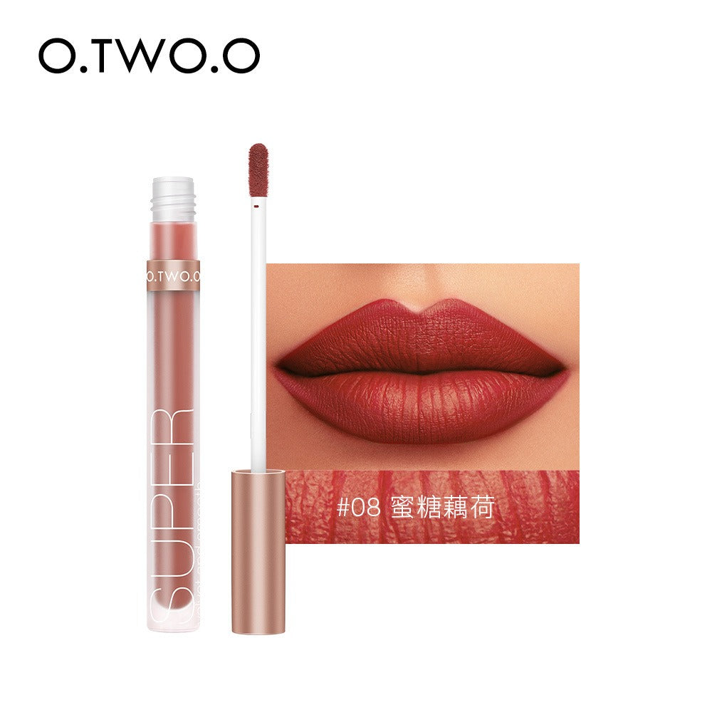 O.TWO.O matte liquid lipstick in shade #08, featuring a frosted tube, applicator wand, and red lip swatch.