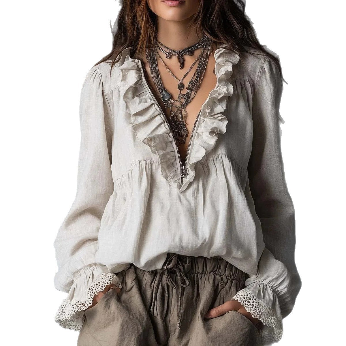 Plush Fashion Hub lotus leaf edge half zipper v-neck lace long sleeve blouse with flared sleeves and elegant design.