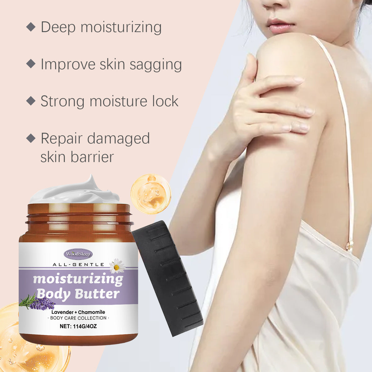 Lavender chamomile body butter jar with purple label, white cream, and black lid next to a woman's shoulder.