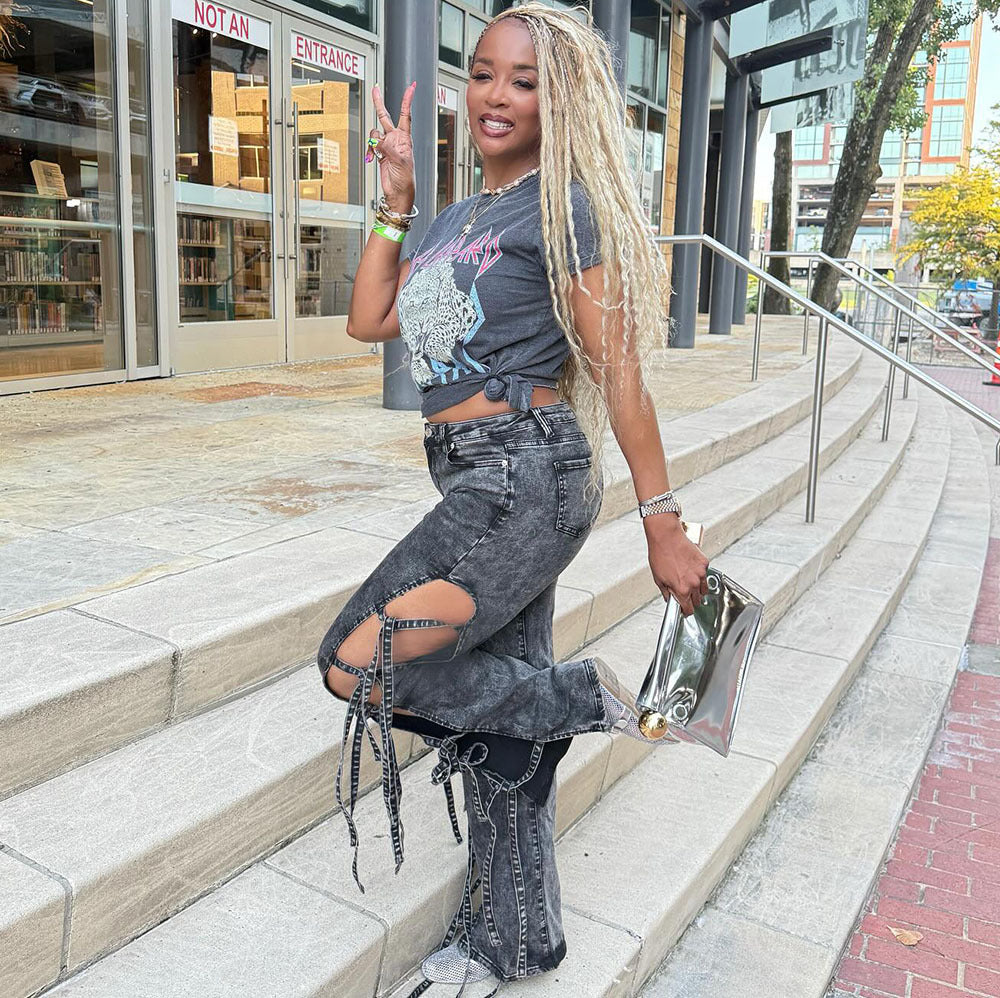 Women's washed denim jeans with slit and tie string, high waist, long style by Plush Fashion Hub.