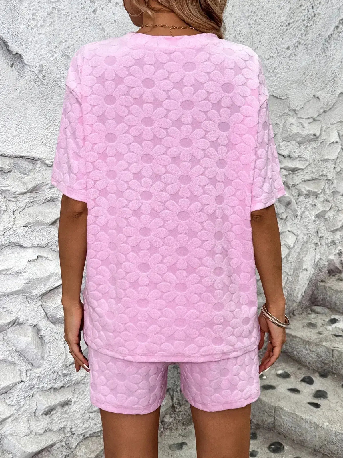 Floral print round neck top and shorts lounge pajamas set by Plush Fashion Hub, featuring comfortable fabric and vibrant floral design.