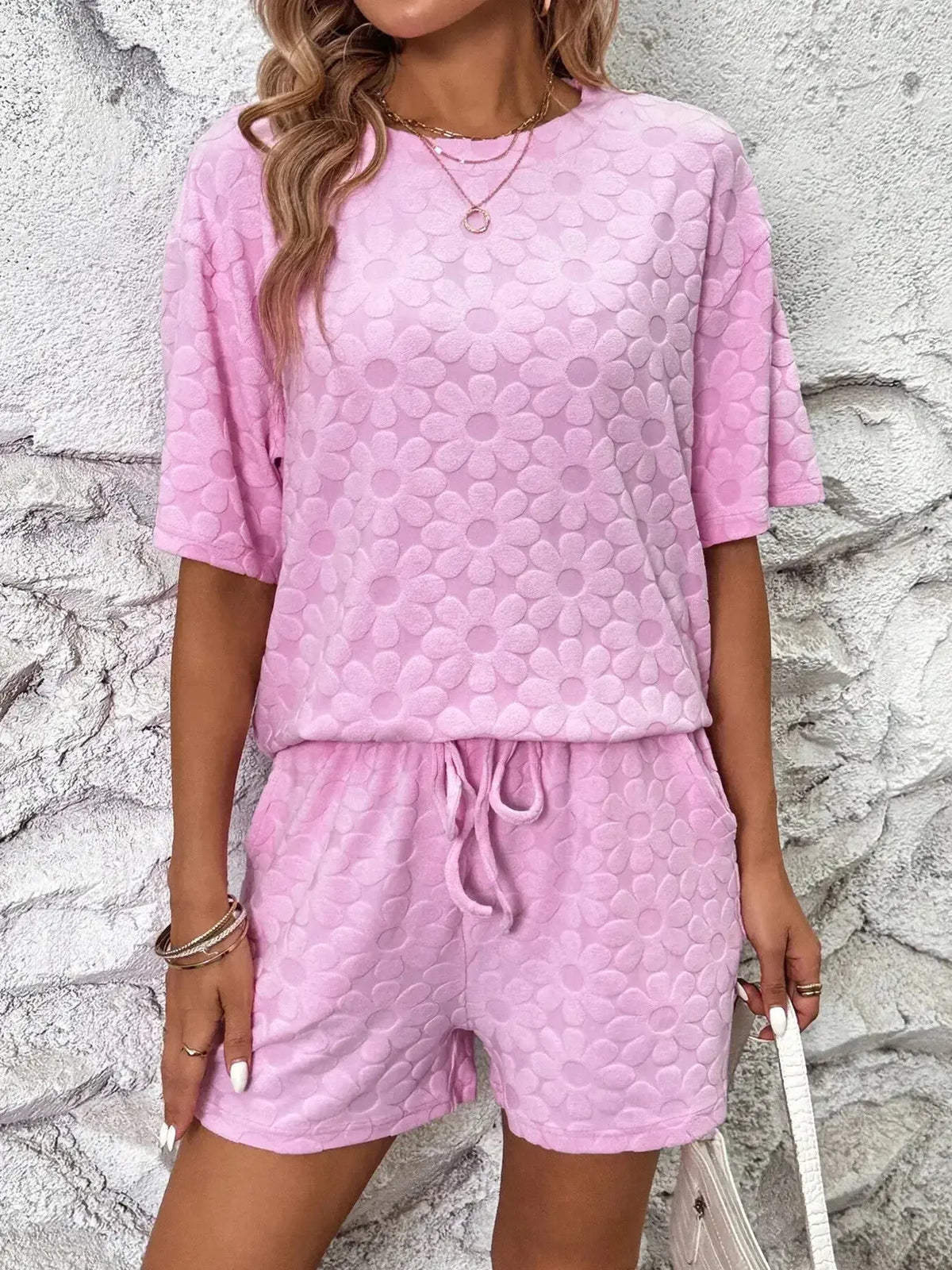 Floral print round neck top and shorts lounge set by Plush Fashion Hub, comfortable pajamas with colorful floral pattern.