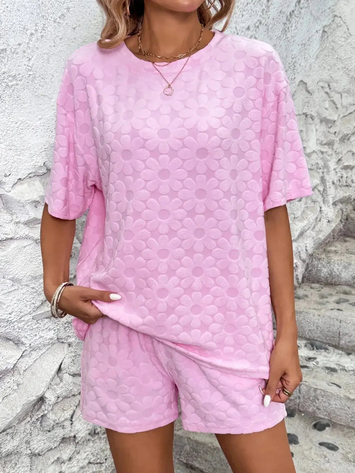 Floral print round neck top and shorts lounge pajamas set by Plush Fashion Hub, comfortable sleepwear for women.