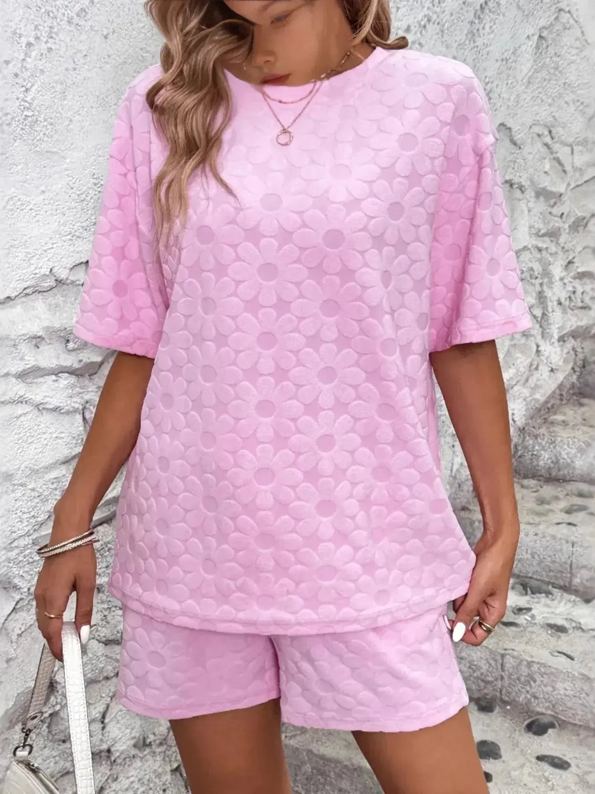 Floral print round neck top and shorts lounge pajamas set by Plush Fashion Hub, comfortable sleepwear with a vibrant floral design.