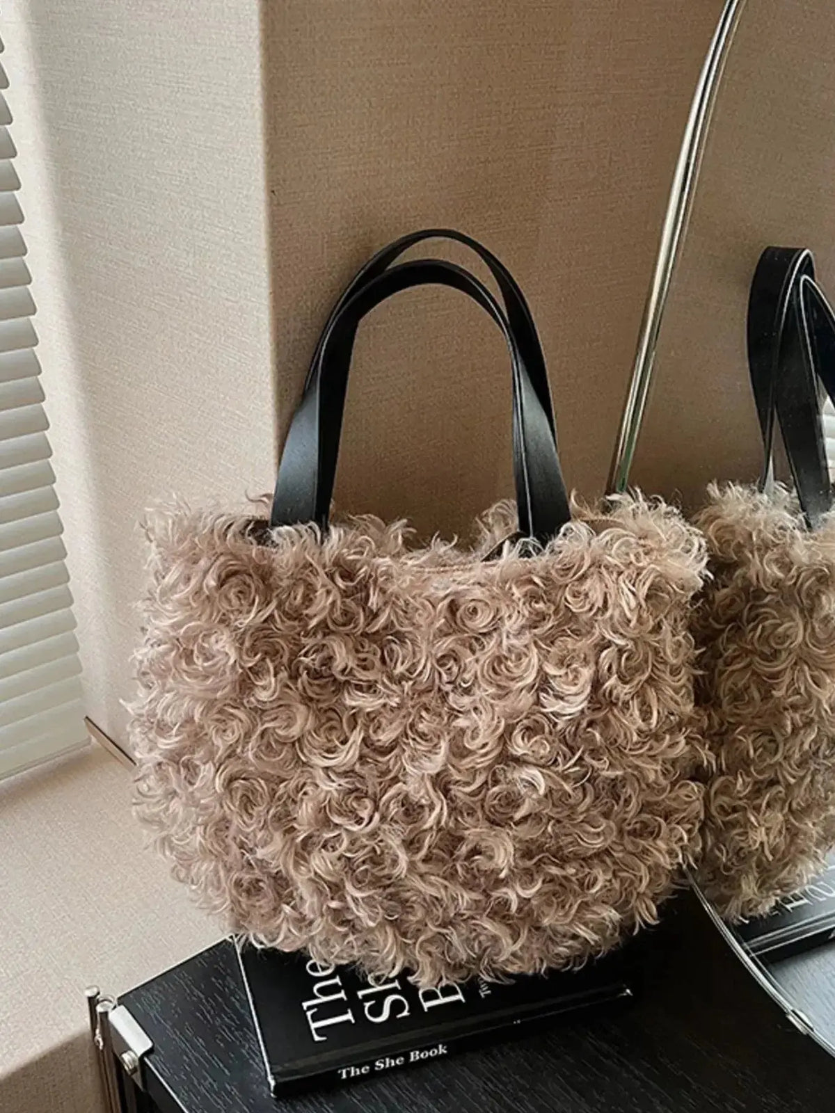 Soft faux fur plush shoulder bag by Plush Fashion Hub, lightweight and cozy handbag with a stylish, fluffy design.
