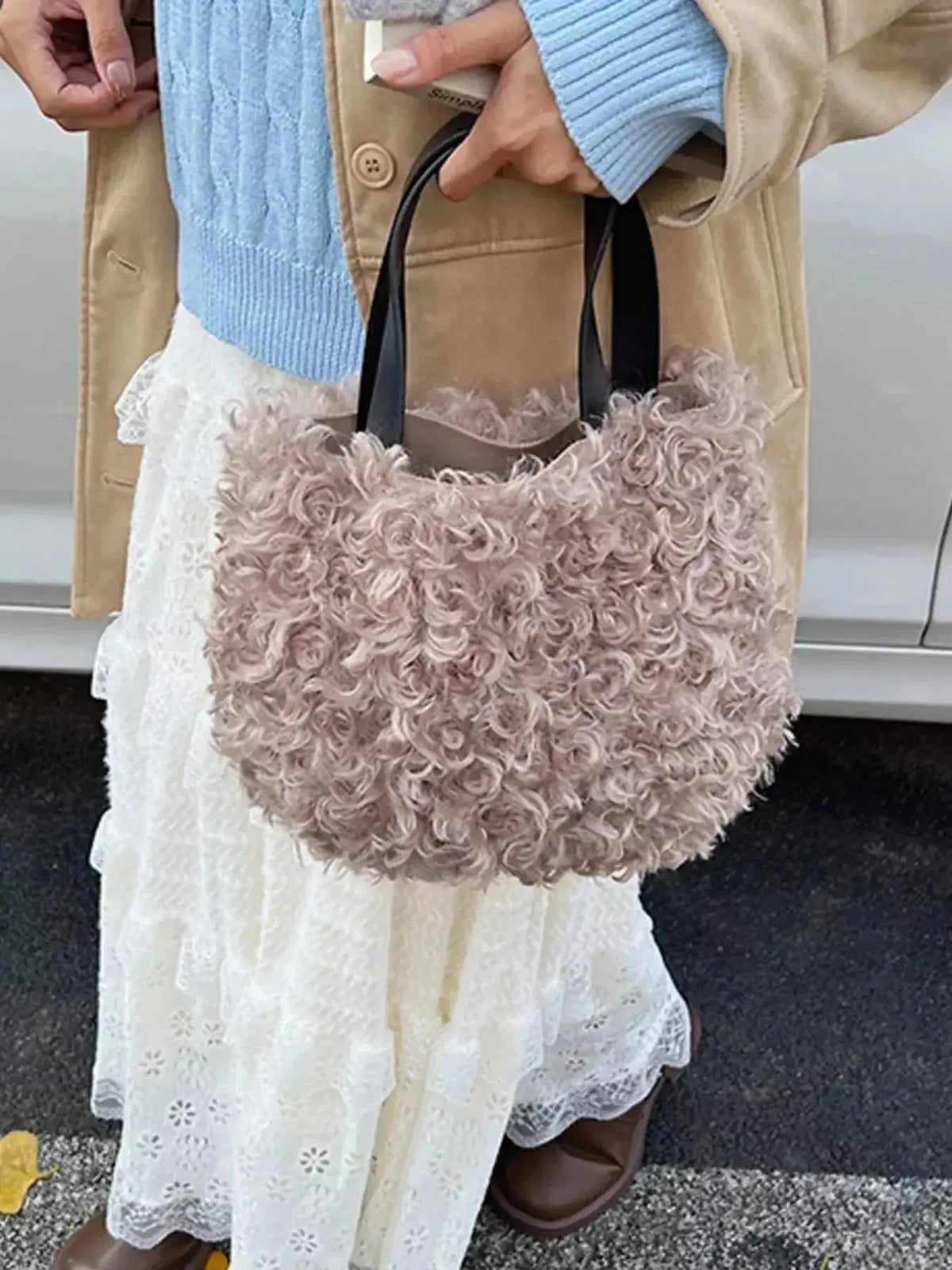 Soft faux fur fluffy plush shoulder bag from Plush Fashion Hub, lightweight handbag with a cozy, stylish design for everyday use.