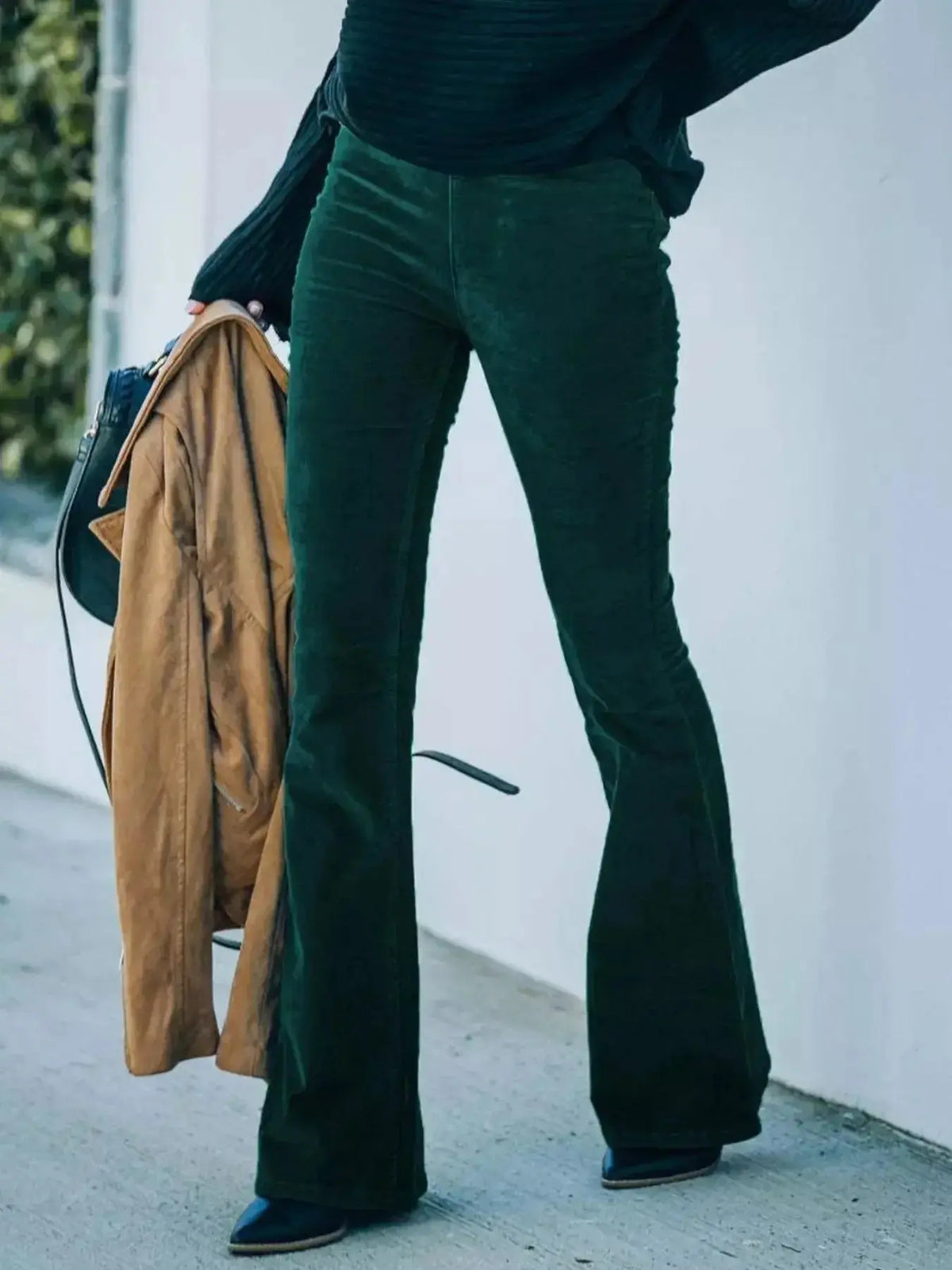 Plus size women's high-waisted corduroy flare pants by Plush Fashion Hub, full view showcasing boho style and relaxed fit.
