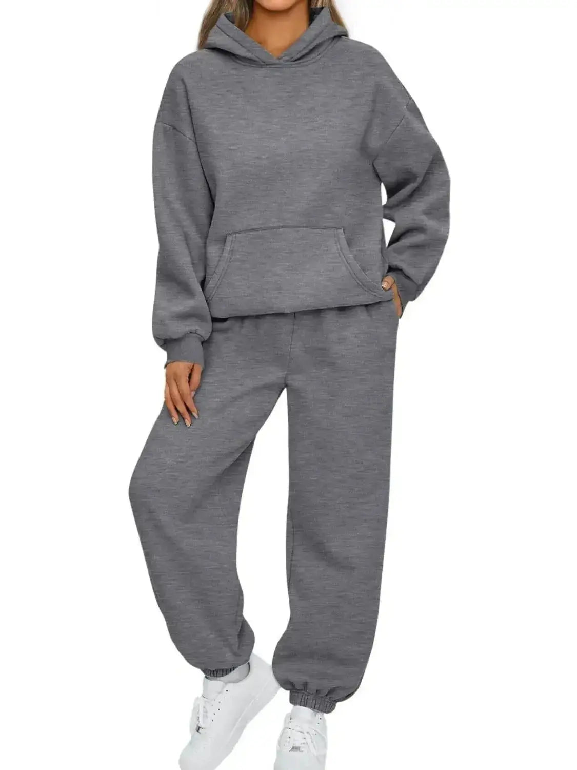 Plus size women's hoodie and jogger sweat suit with kangaroo pocket from Plush Fashion Hub, full outfit in soft, comfortable fabric.