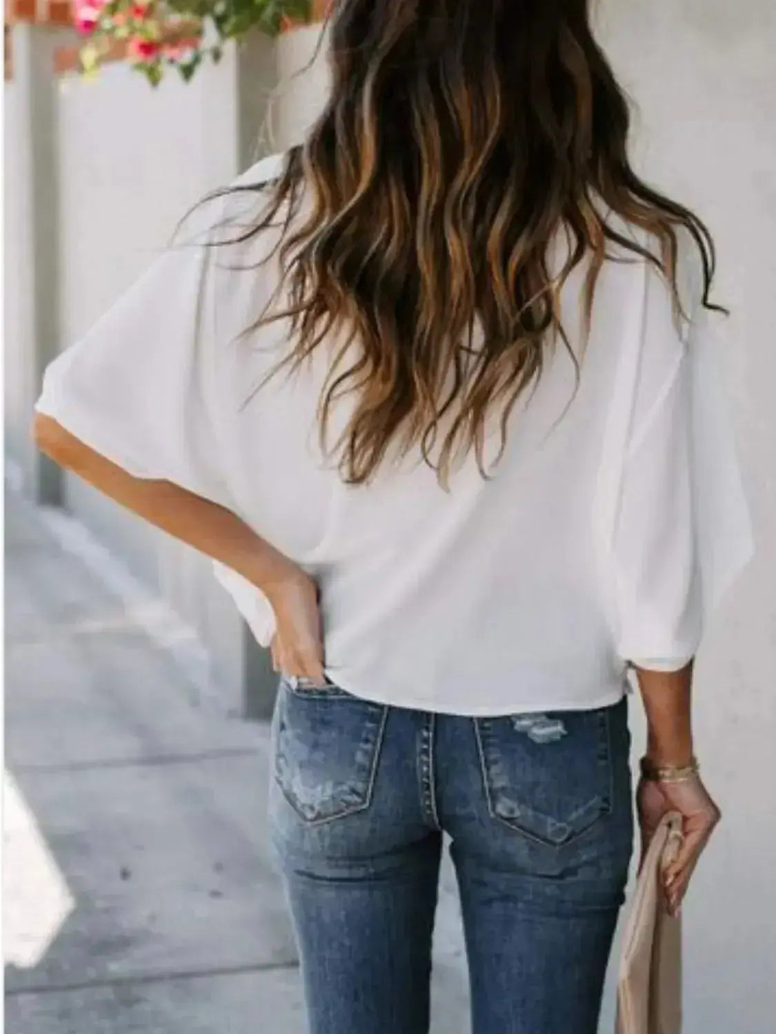 Plus size women's ruched three-quarter sleeve workwear blouse by Plush Fashion Hub, shown in a full view with a flattering fit.