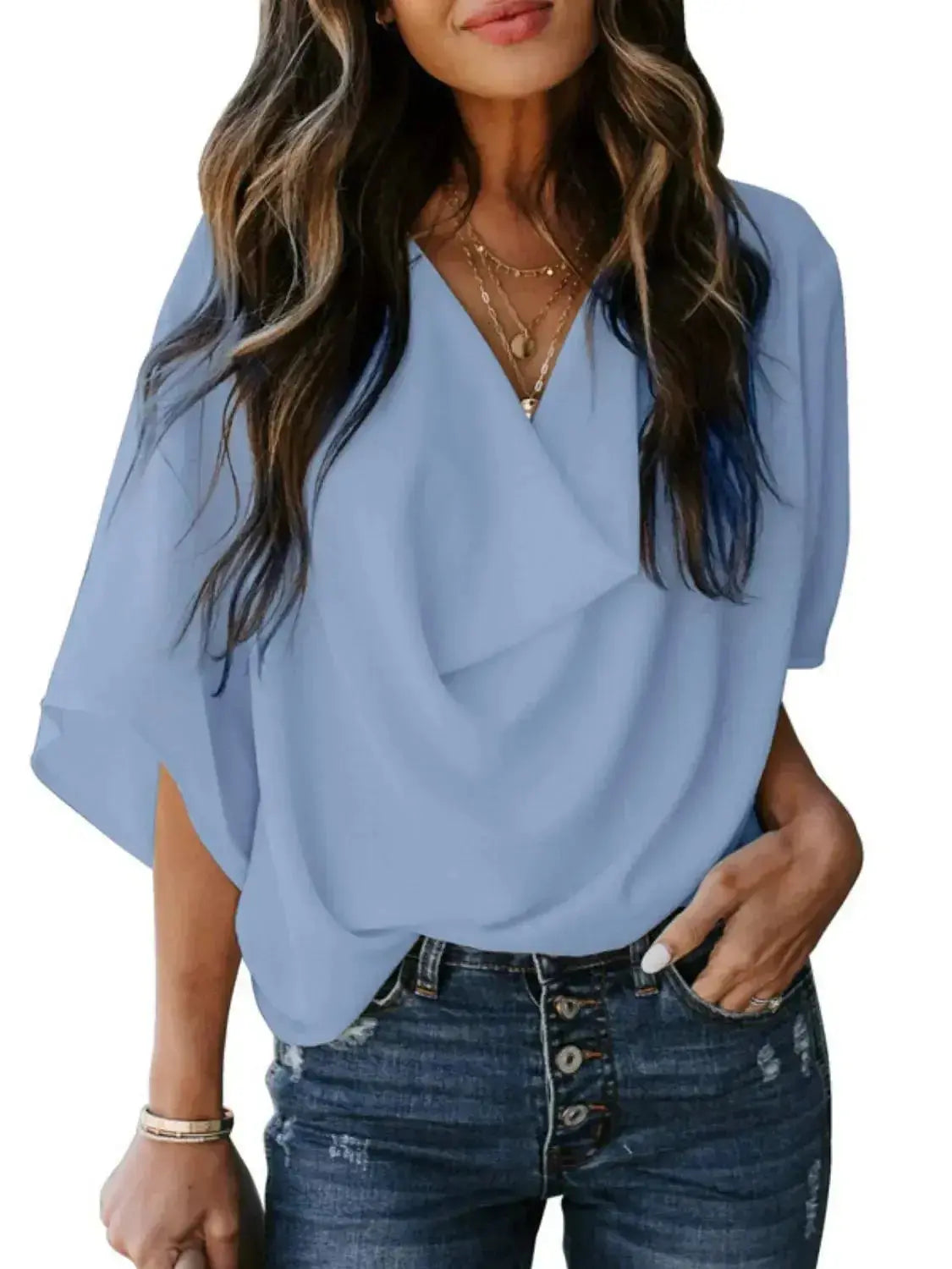 Plus size women's ruched three-quarter sleeve workwear blouse from Plush Fashion Hub, showcasing a stylish, fitted shirt with ruching details.