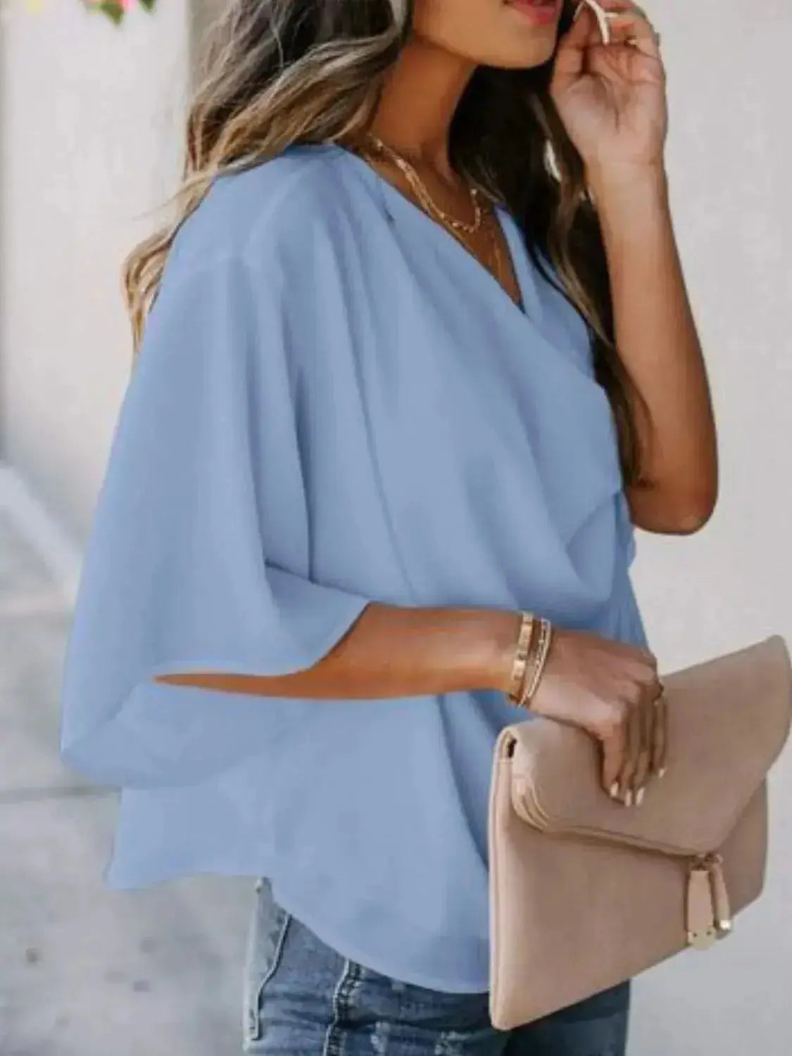 Plus size women's workwear blouse with ruched three-quarter sleeves, made by Plush Fashion Hub, shown in a full-length view.