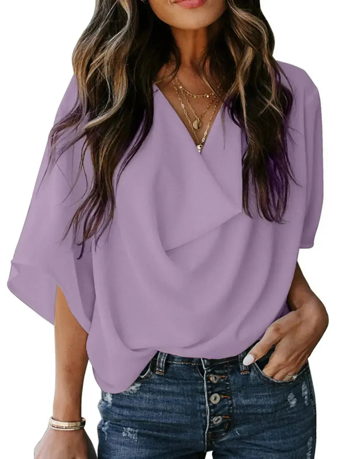 Plus size women's ruched three-quarter sleeve workwear blouse from Plush Fashion Hub, shown in a full view.