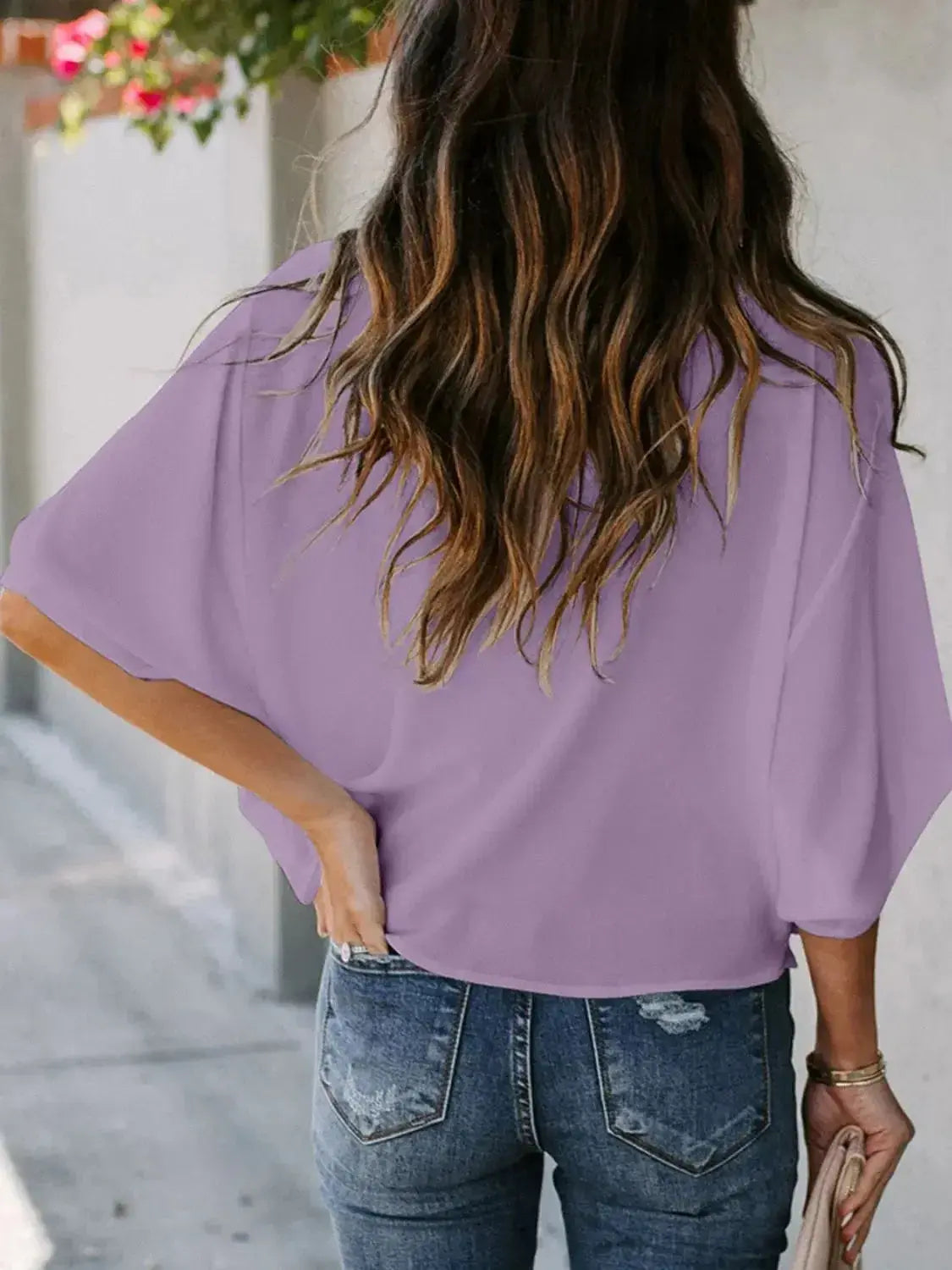 Plus size women's ruched three-quarter sleeve workwear blouse by Plush Fashion Hub, shown in a full view with a flattering fit.