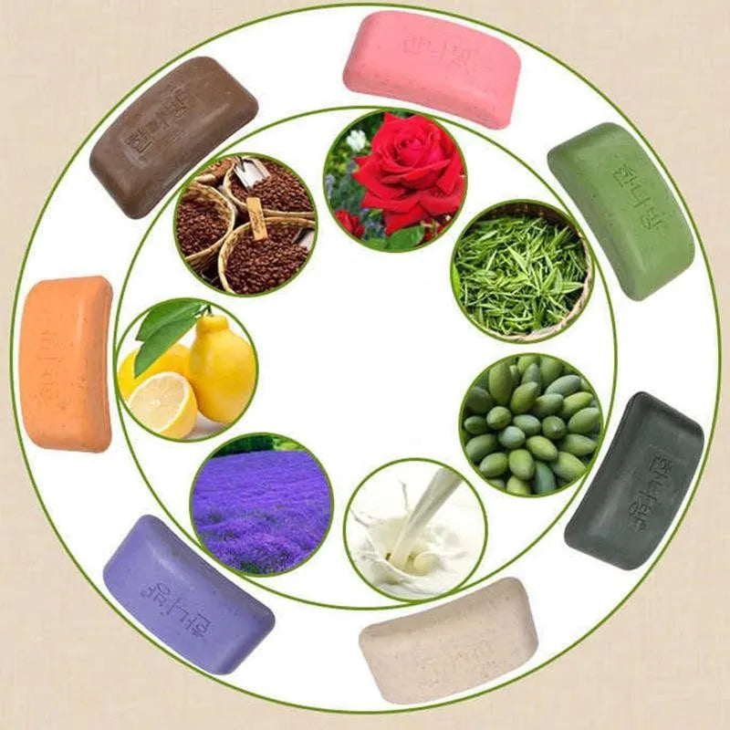 Round arrangement of eight colorful soap bars featuring natural ingredients like roses, lemons, and lavender.