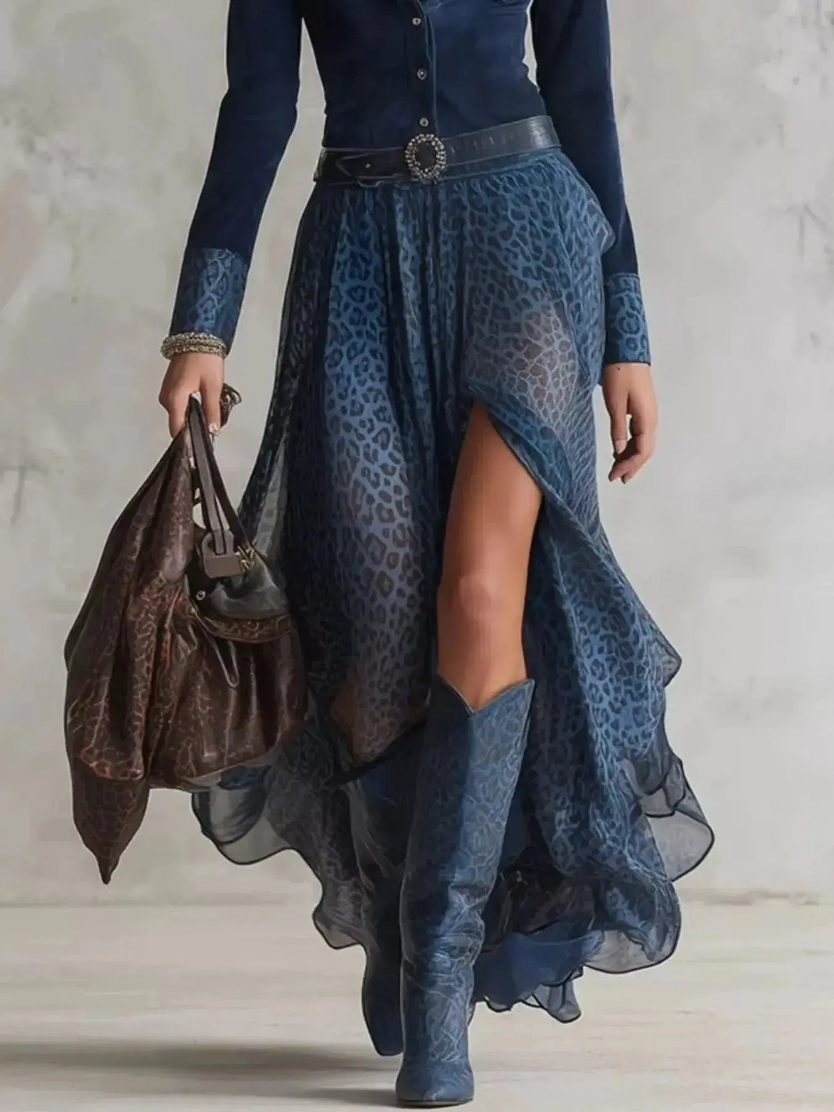 Leopard print button-front maxi dress with side slit and pockets by Plush Fashion Hub, featuring a stylish, flowing design.