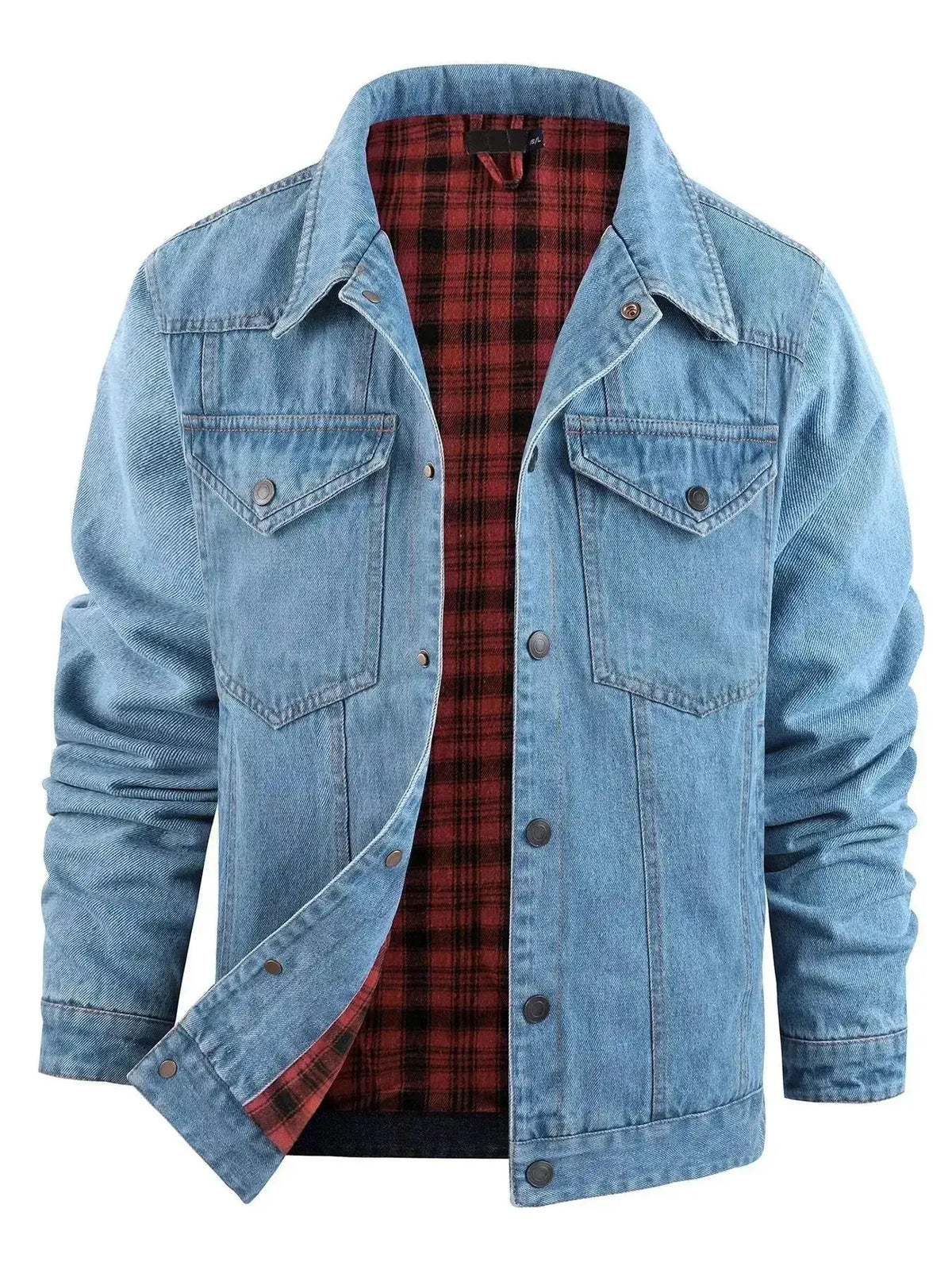 Men's lightweight casual denim jacket with snap-down front, versatile outerwear from Plush Fashion Hub, shown on a model.