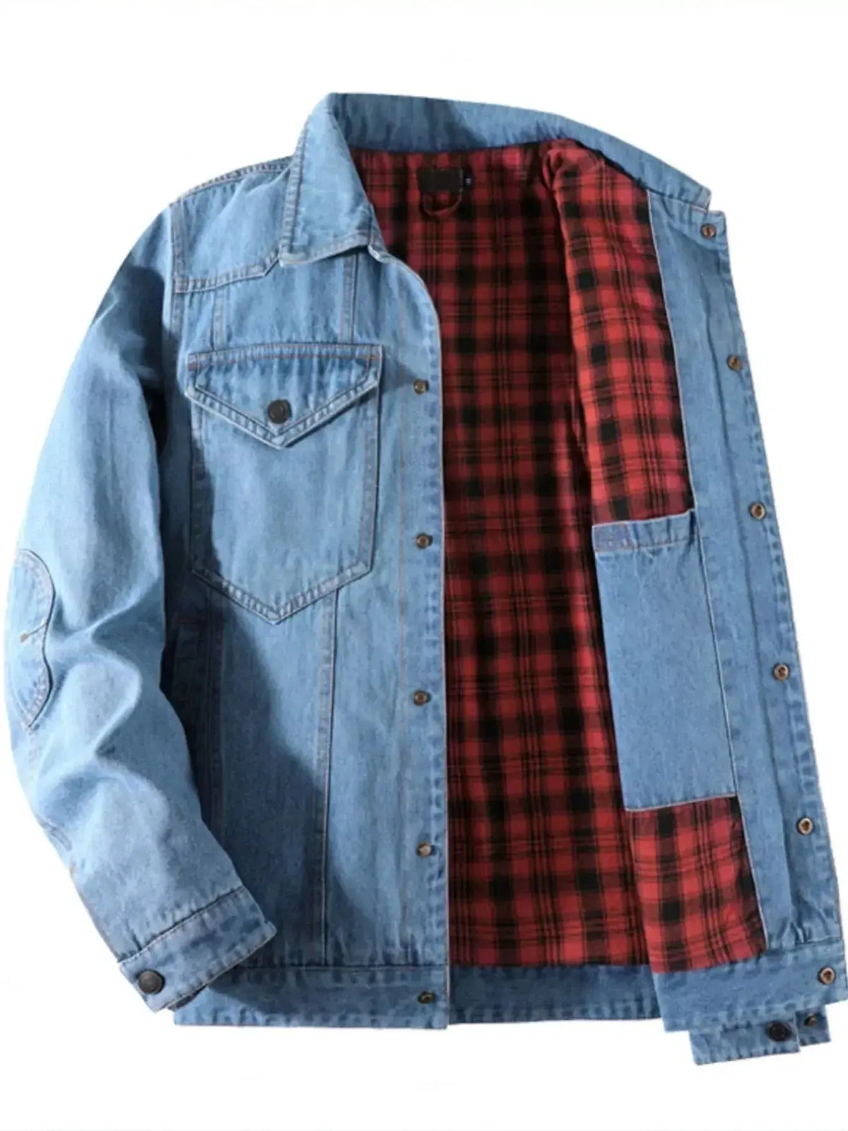 Men's lightweight casual denim jacket with snap-down front, versatile outerwear by Plush Fashion Hub, displayed on a model.