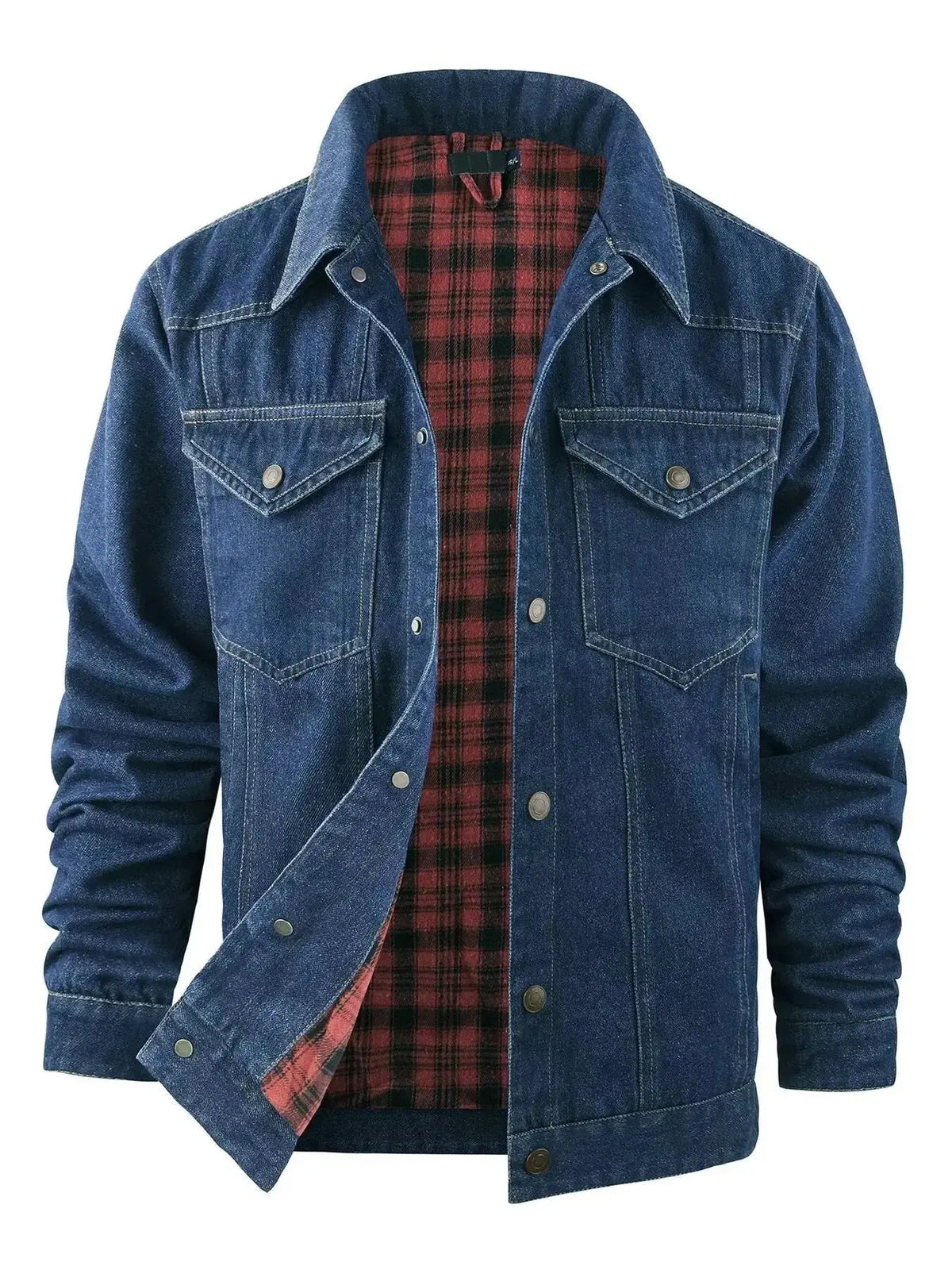 Men's lightweight casual denim jacket with snap-down front, versatile outerwear by Plush Fashion Hub.