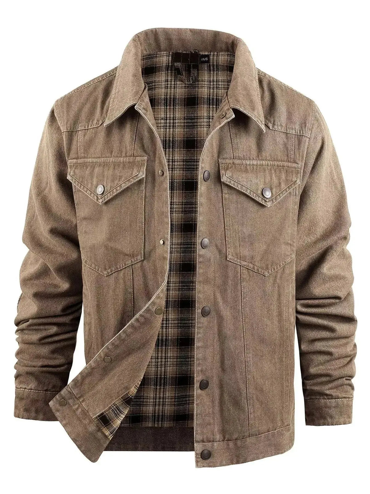 Men's lightweight casual denim jacket with snap-down front, versatile outerwear by Plush Fashion Hub, stylish and comfortable.
