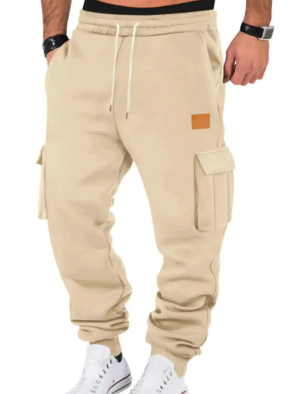 Men's durable cargo jogger pants with drawstring waist, featuring multiple pockets and comfortable fit from Plush Fashion Hub.