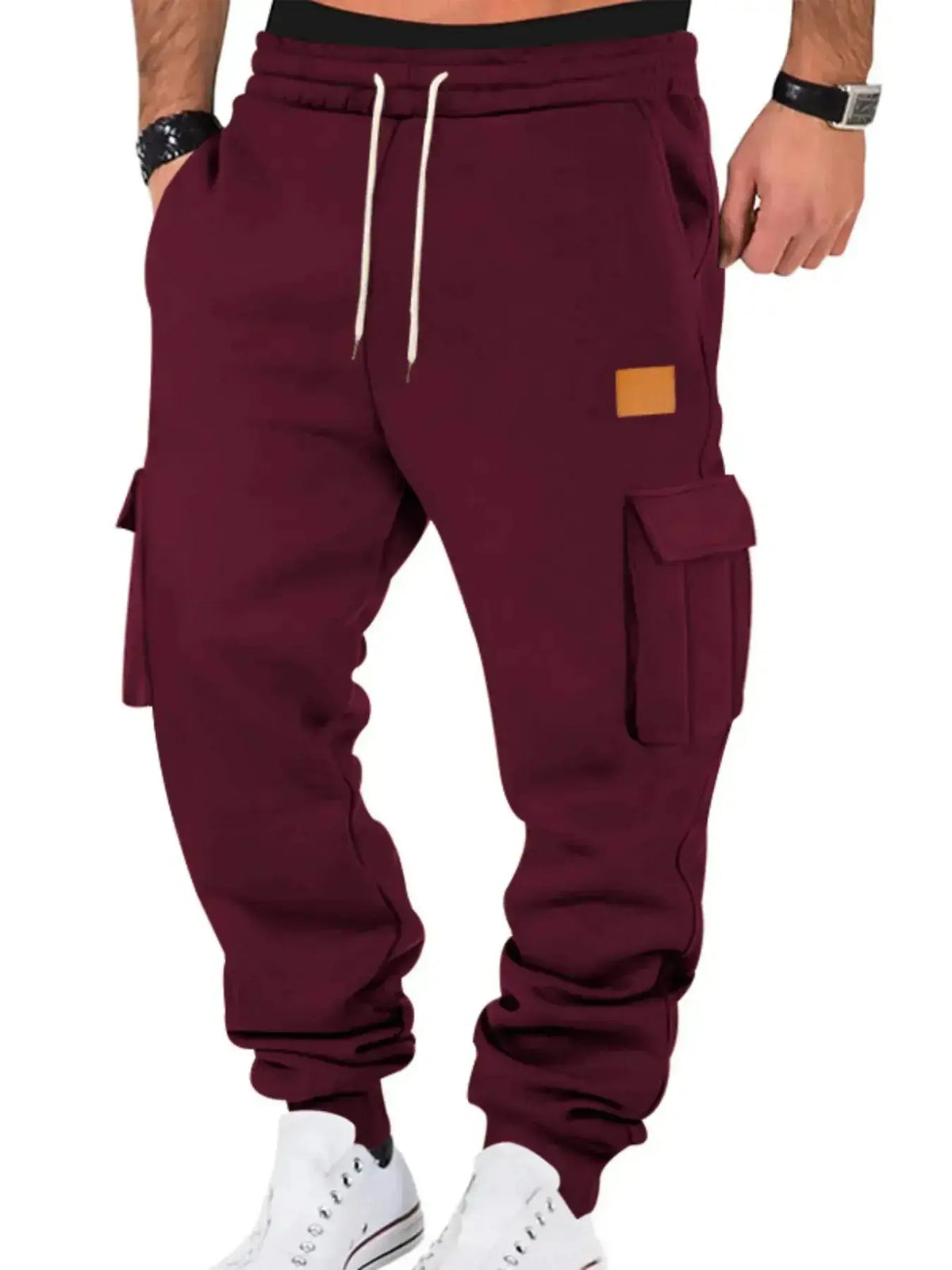 Men's durable cargo jogger pants with drawstring waist, featuring multiple pockets and a relaxed fit from Plush Fashion Hub.