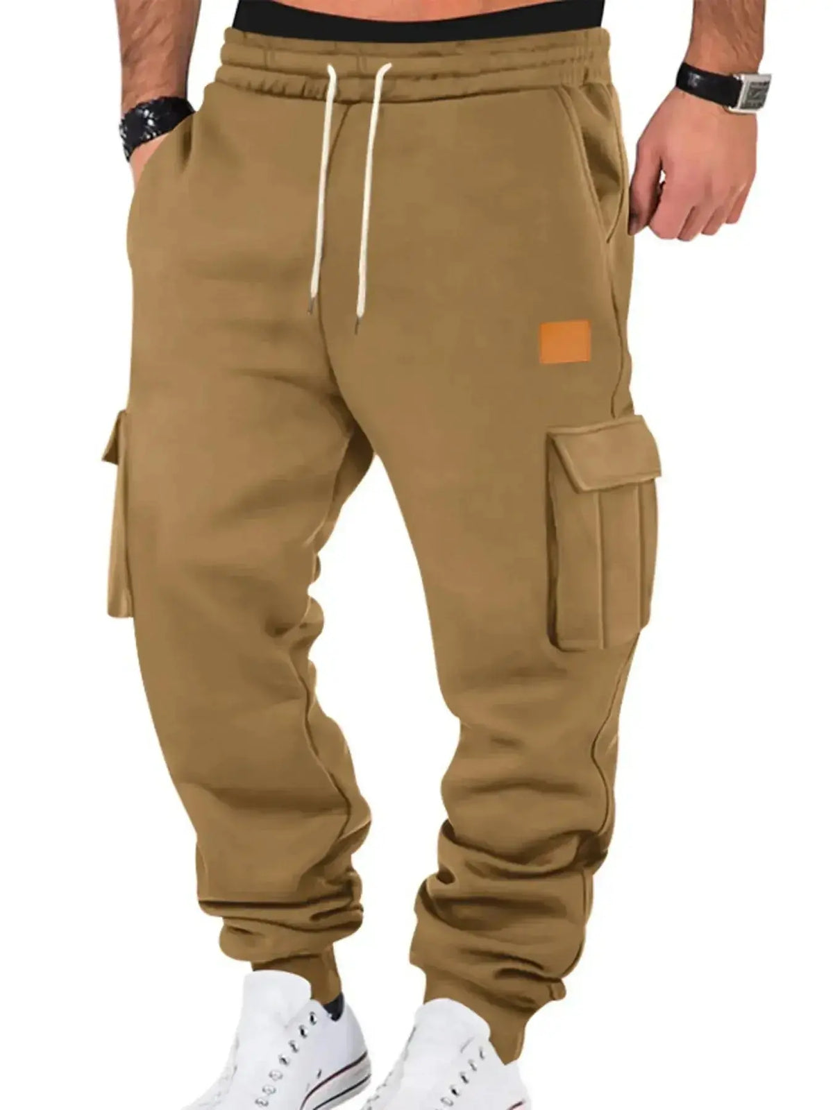 Men's durable cargo jogger pants with drawstring waist from Plush Fashion Hub, featuring a relaxed fit and functional pockets.