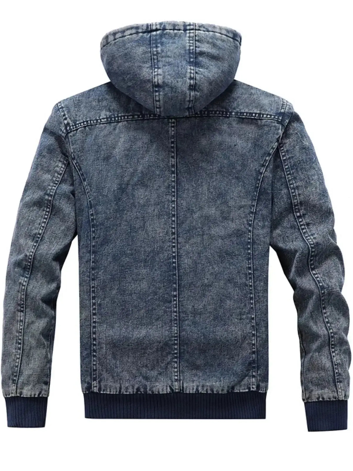 Men's plus size zip-up hooded denim jacket by Plush Fashion Hub, casual stretch outerwear with a classic denim look.