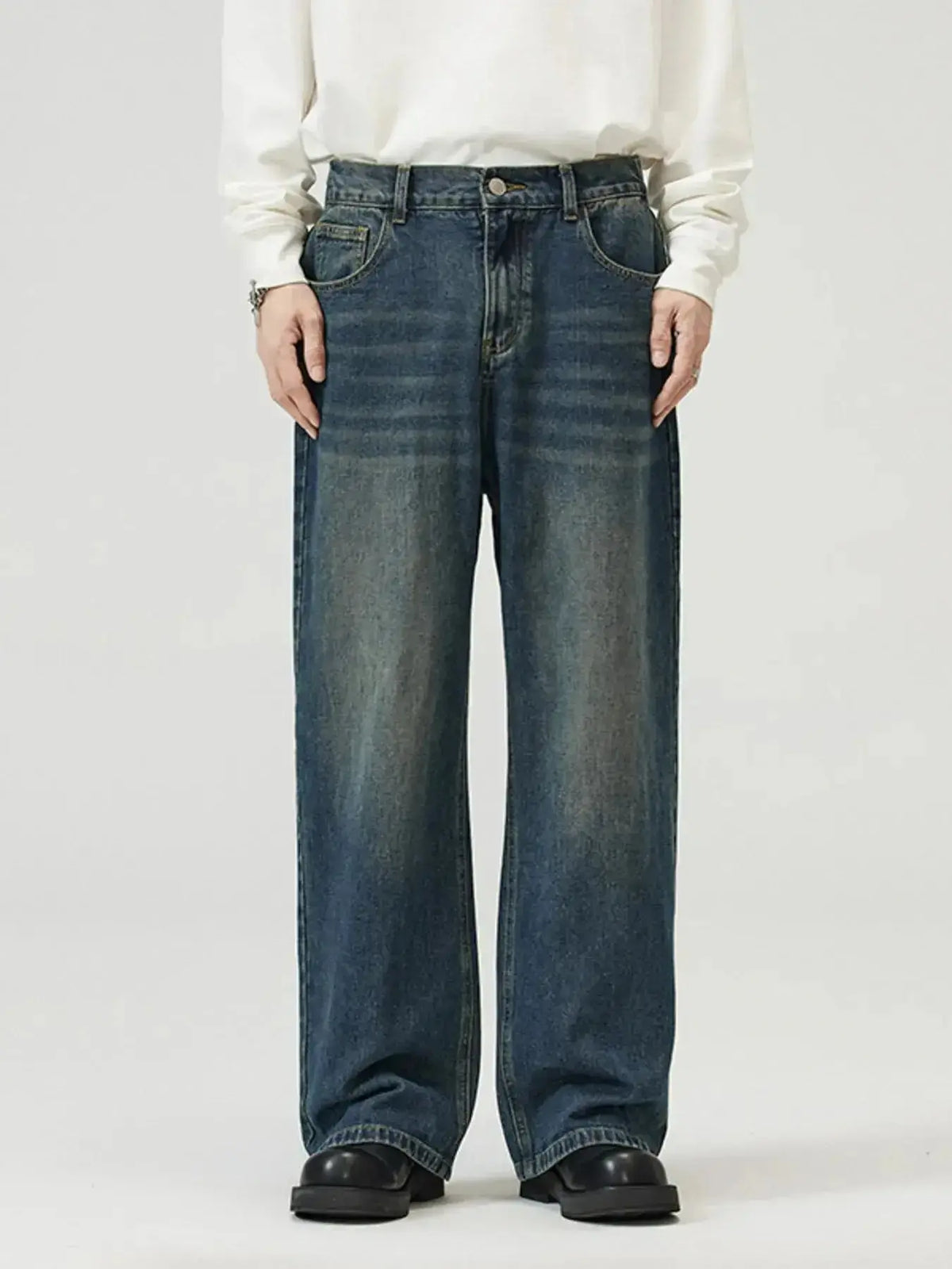 Men's washed straight-leg stretch jeans by Plush Fashion Hub, featuring a comfortable fit and classic denim style.