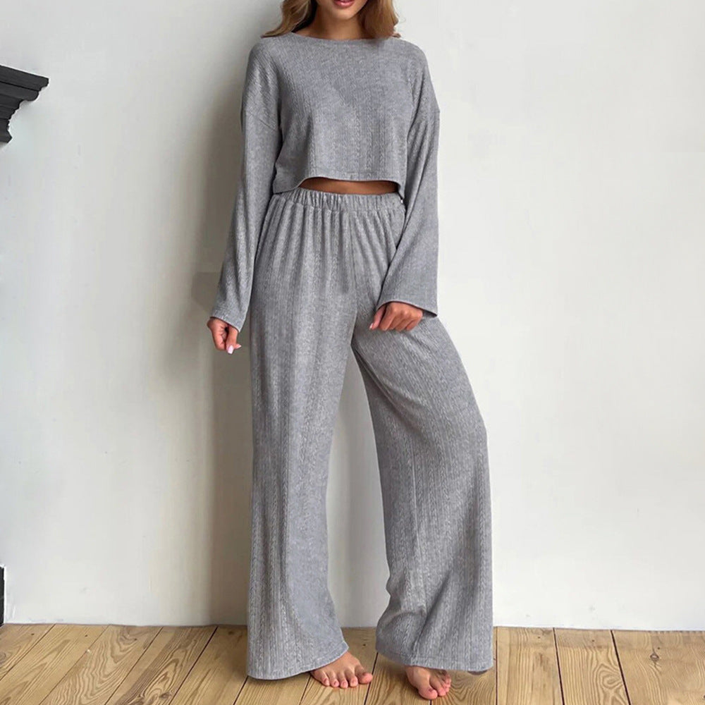 Gray long sleeve trousers and pajamas set for women, featuring winter wheat jacquard pattern, cozy home wear from Plush Fashion Hub.
