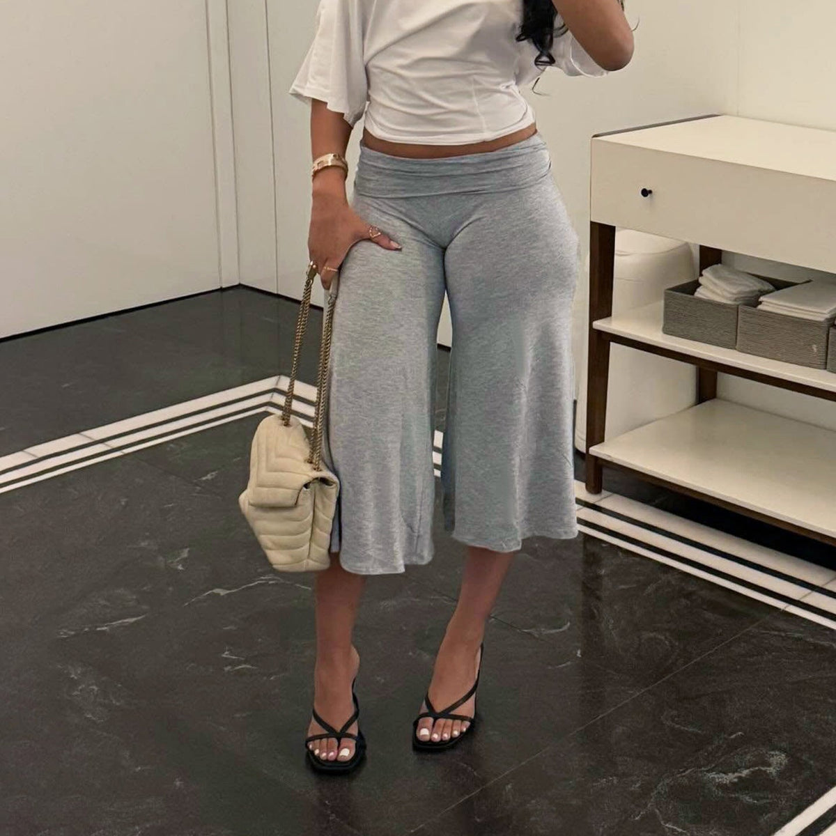 Plush Fashion Hub casual sports cropped pants with high waist, solid color, straight-leg design, wide fit, perfect for everyday wear.