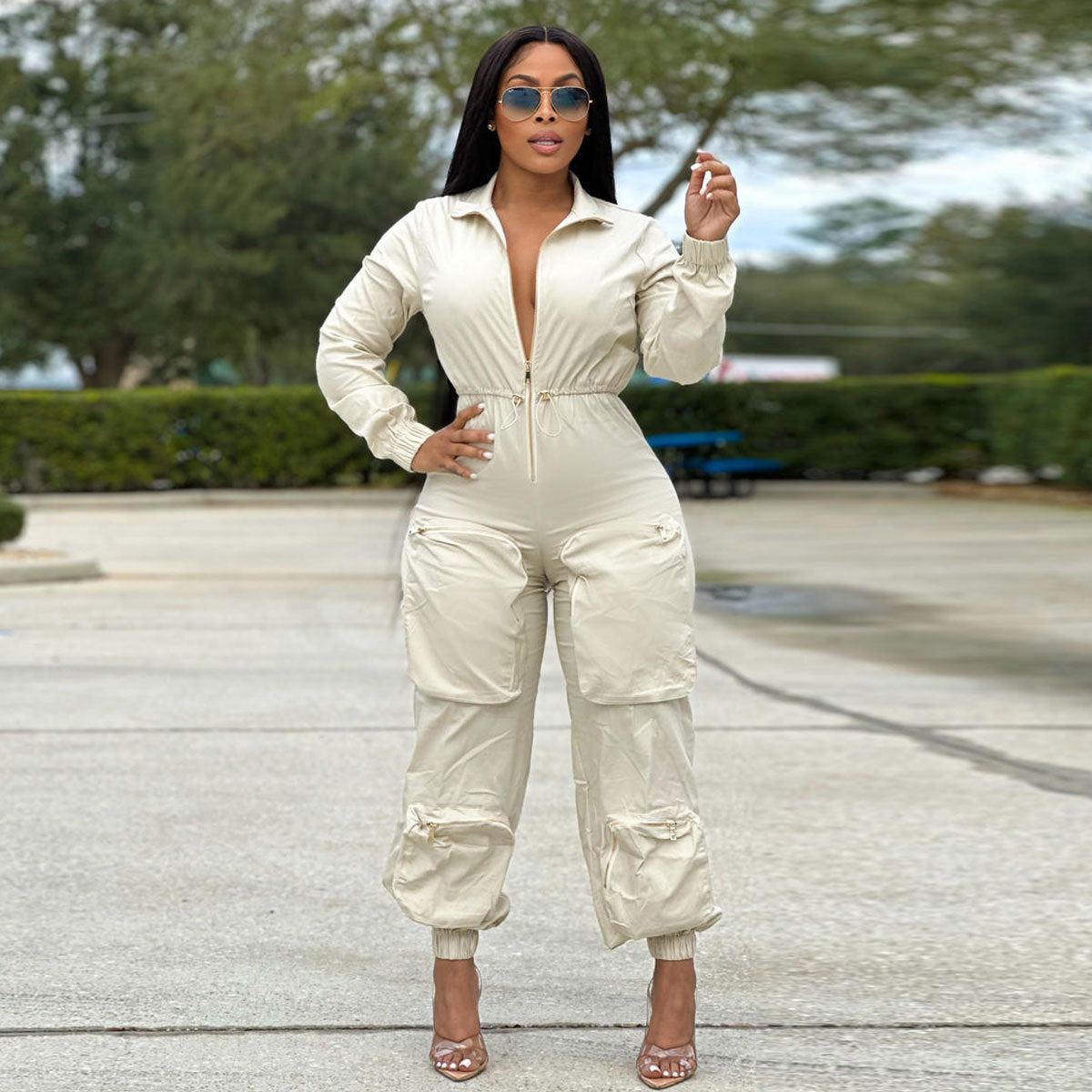 Arrival Women waist cargo overalls by Plush Fashion Hub featuring metal zipper, bread bag pockets, casual trouser style.
