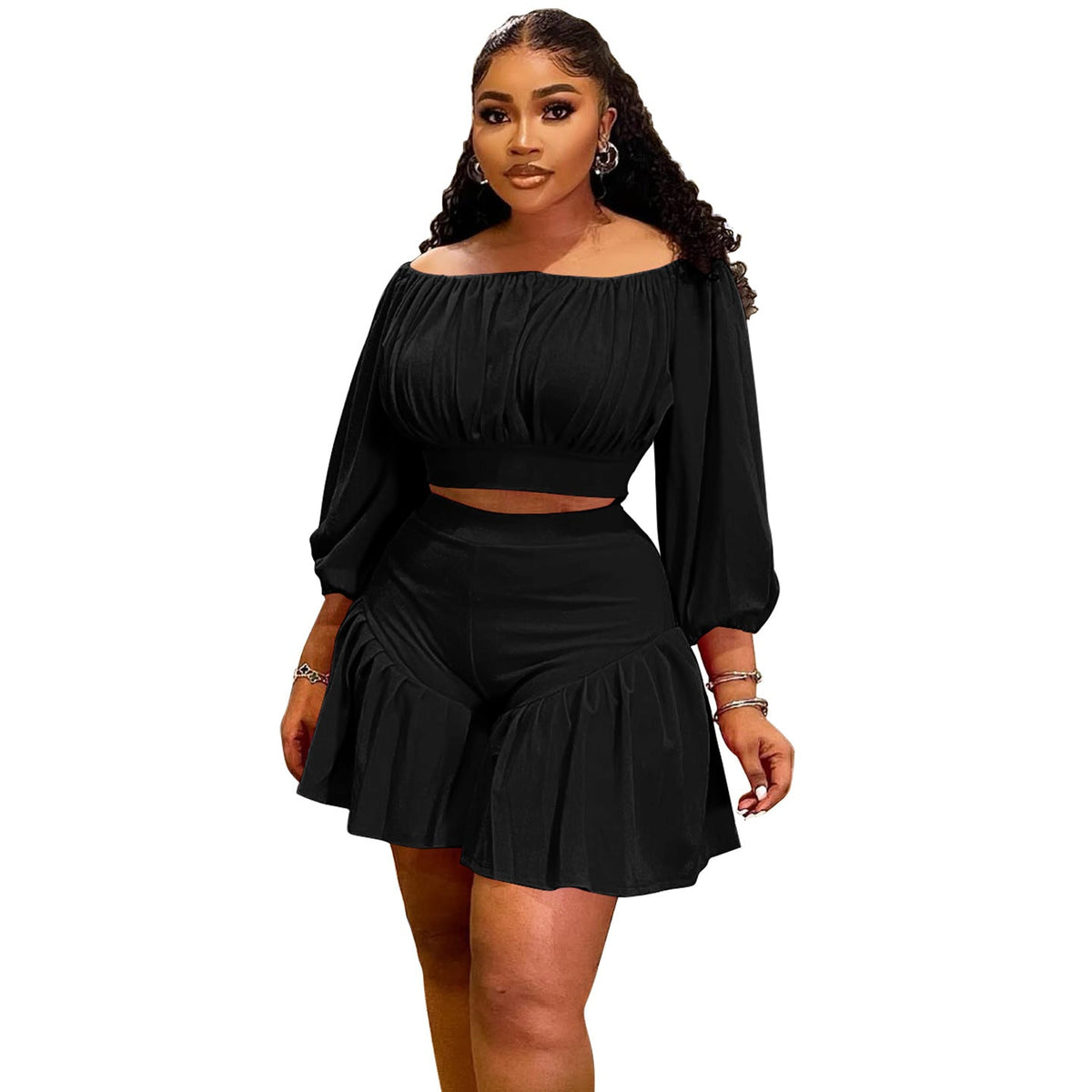 Plus size women's matching two-piece set with pleated off-neck top and fluffy waist trimming, casual fashion from Plush Fashion Hub.