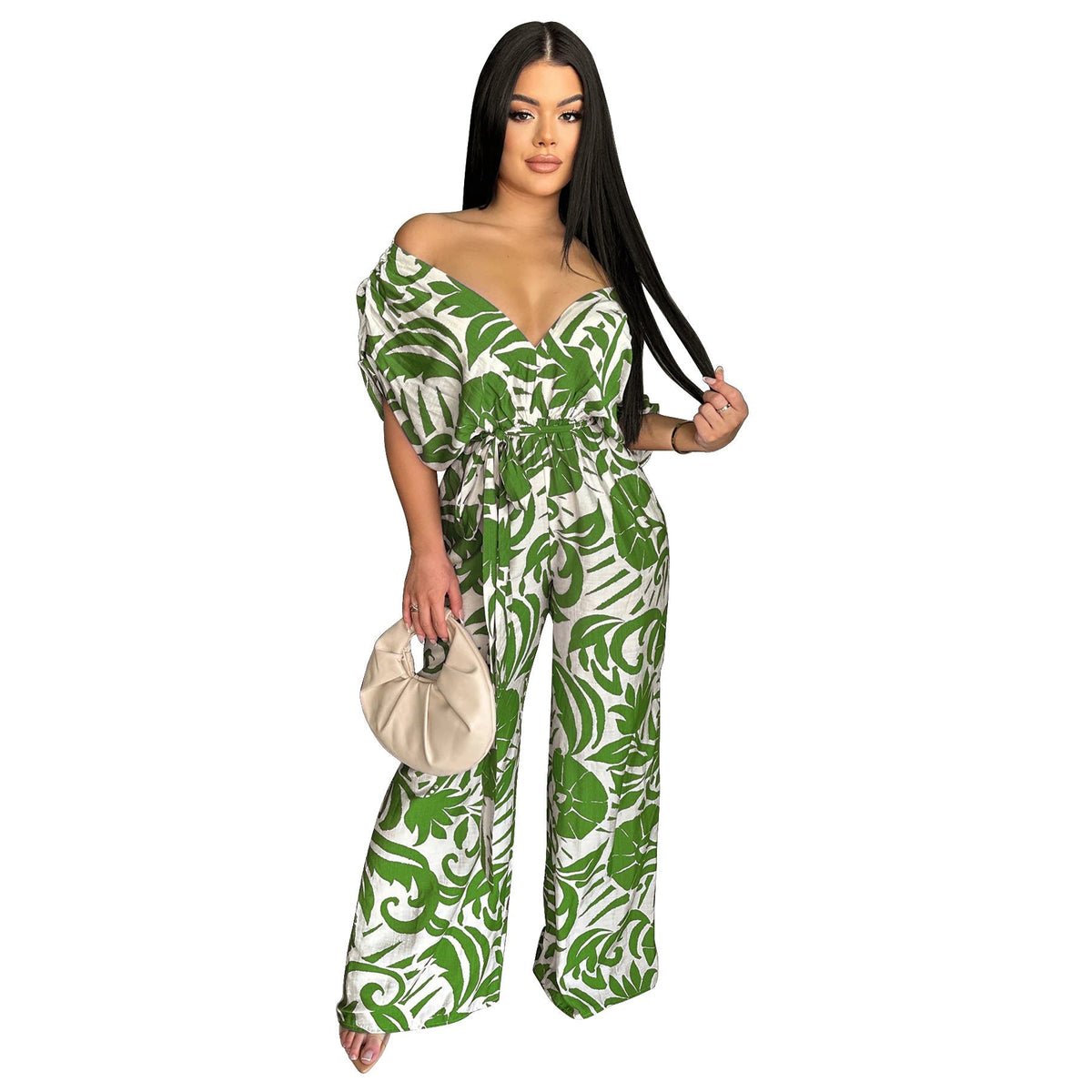 Women’s printed off-shoulder batwing sleeve wide-leg jumpsuit by Plush Fashion Hub, showing stylish fit and vibrant pattern.