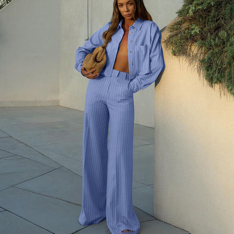Women’s striped collared long sleeve short shirt and loose wide-leg pants matching set by Plush Fashion Hub, stylish and comfortable ensemble.