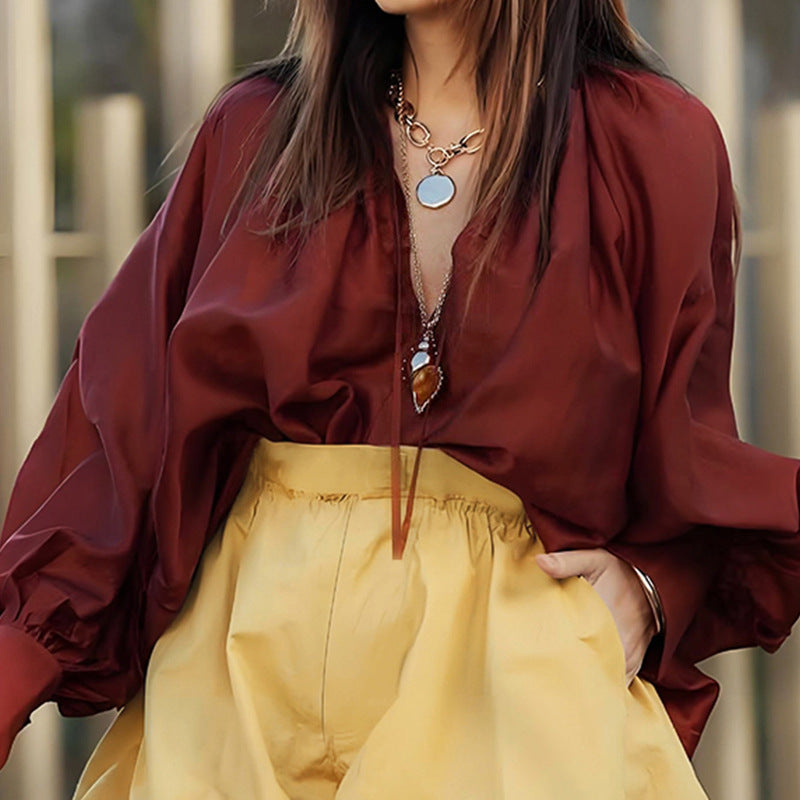 Autumn ladies loose V-neck long sleeve casual blouse in solid color, by Plush Fashion Hub, shown in beige with relaxed fit.
