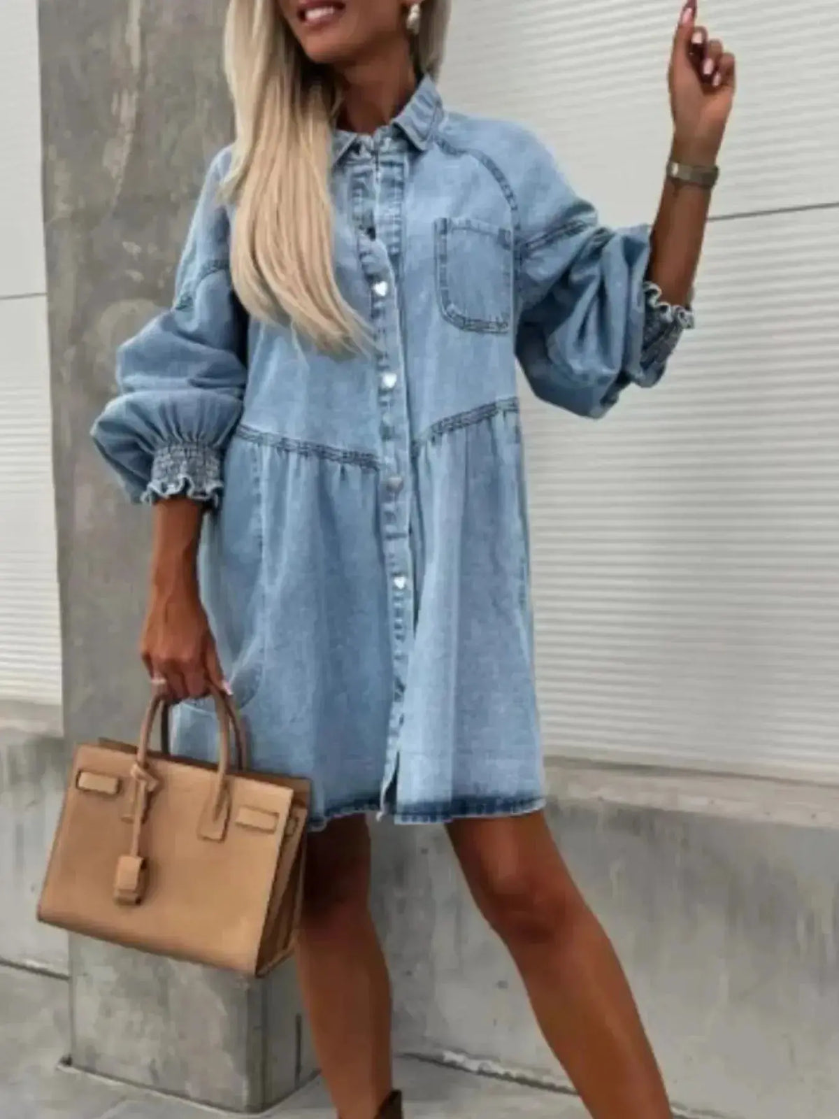 Oversized long sleeve button-up denim dress by Plush Fashion Hub, featuring a casual fit and classic denim fabric.