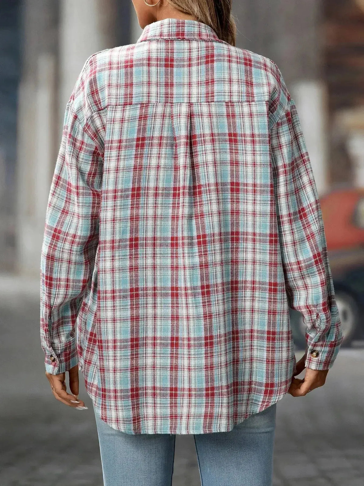 Soft oversized plaid flannel button-down shirt for women by Plush Fashion Hub, featuring a casual, cozy design and classic pattern.