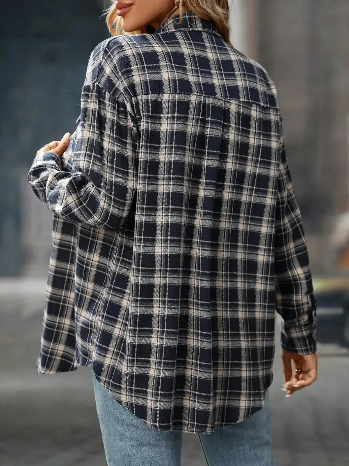 Soft oversized plaid flannel button-down shirt for women by Plush Fashion Hub, casual and cozy with a relaxed fit.