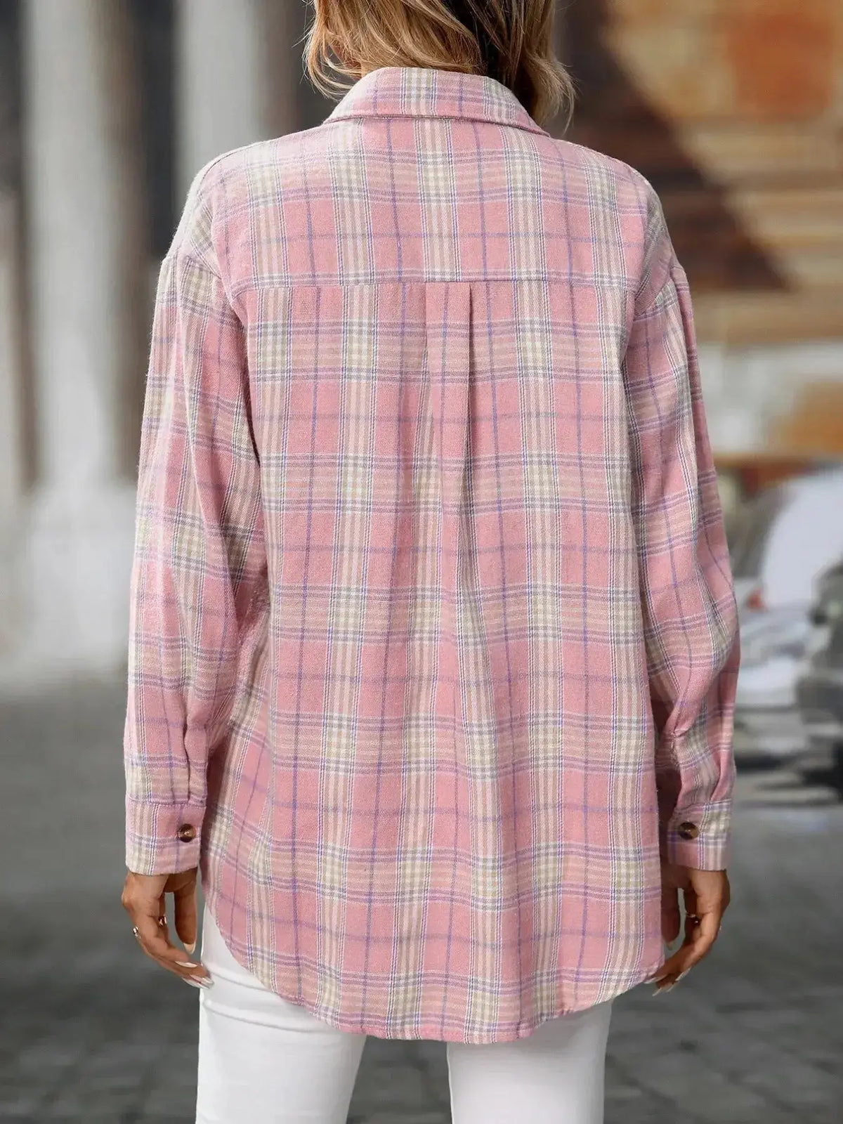 Soft oversized plaid flannel button-down shirt for women, featuring a casual style and classic checkered pattern by Plush Fashion Hub.