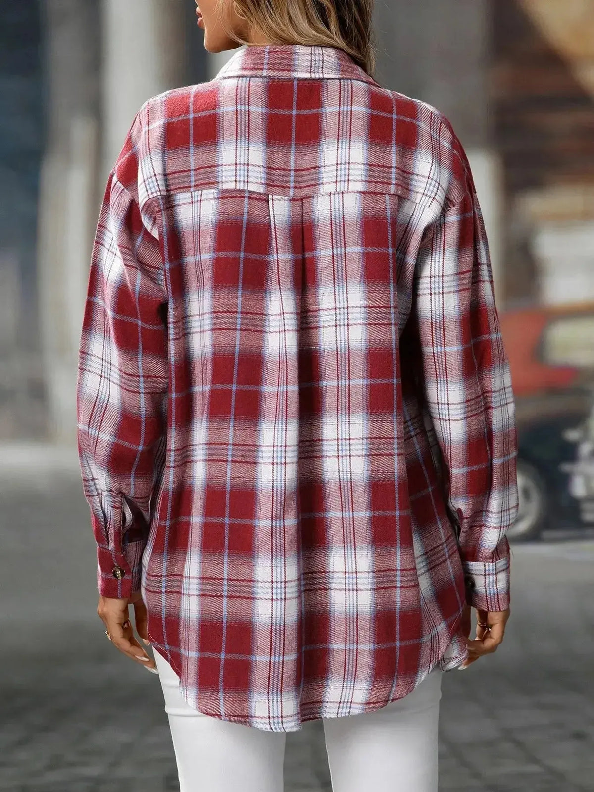 Oversized plaid flannel button-down shirt for women by Plush Fashion Hub, featuring a soft casual design and classic pattern.