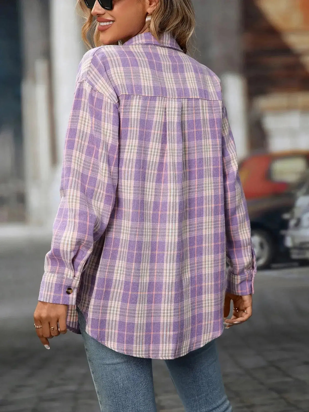 Soft oversized plaid flannel button-down shirt for women by Plush Fashion Hub, featuring a casual, cozy design with a classic checkered pattern.