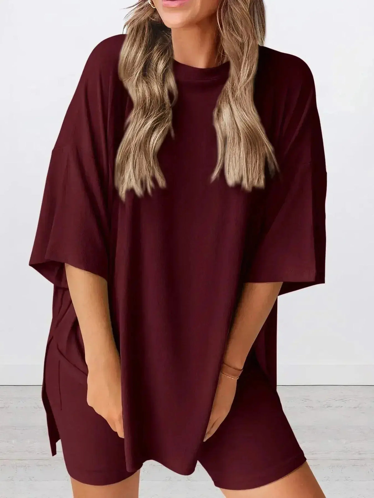 Plus size oversized slit neck lounge set for women, soft rayon pajamas with relaxed fit and comfortable design by Plush Fashion Hub.