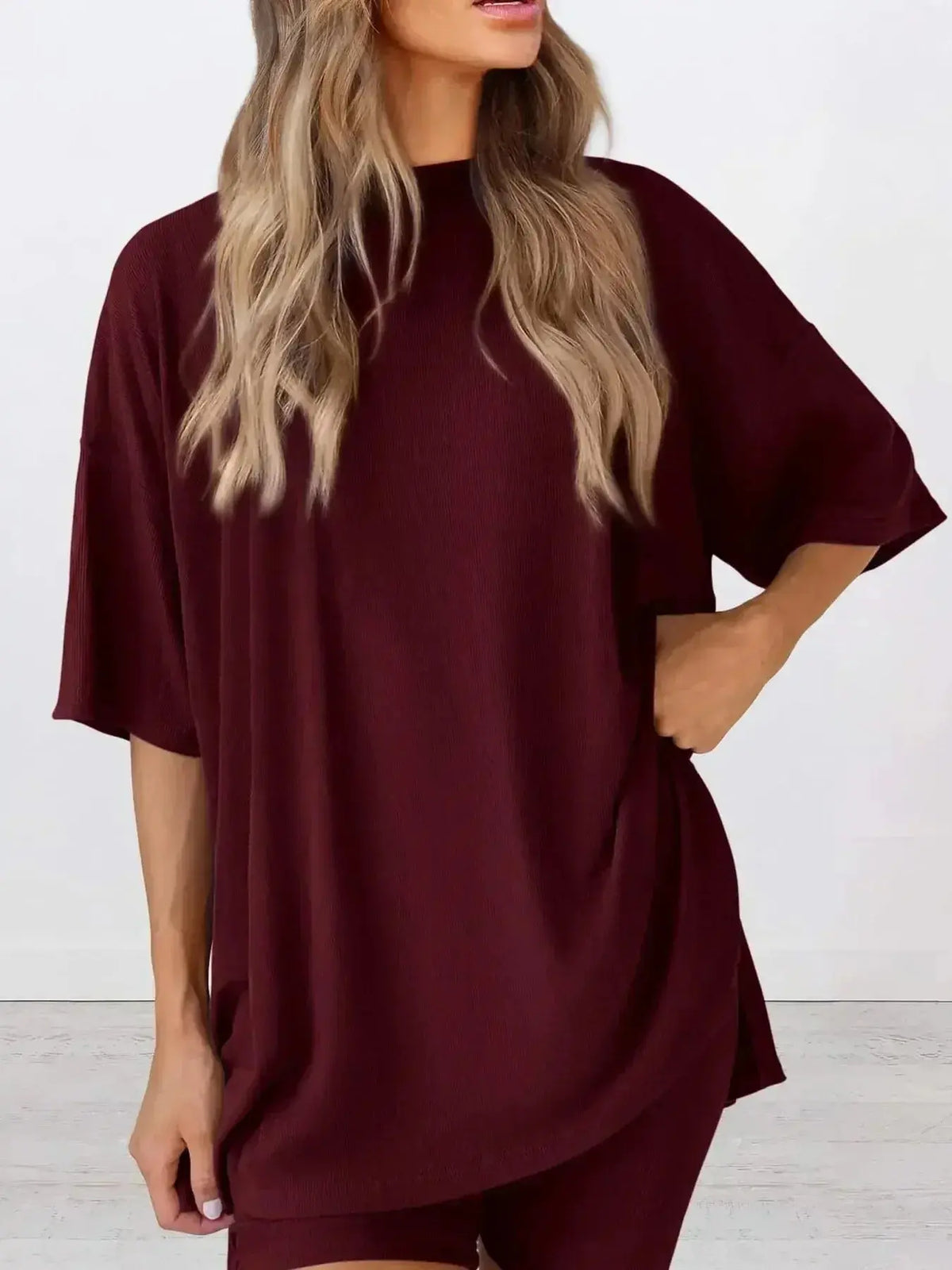 Plus size oversized slit neck lounge set for women, soft rayon pajamas in relaxed fit with comfortable design by Plush Fashion Hub.