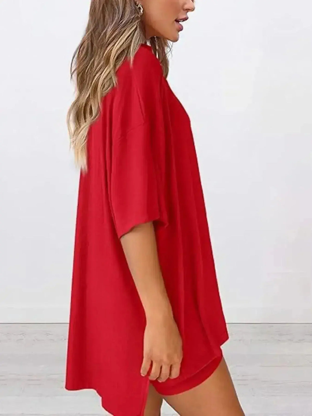 Plus size oversized slit neck lounge set for women, soft rayon pajamas with relaxed fit and comfortable style.