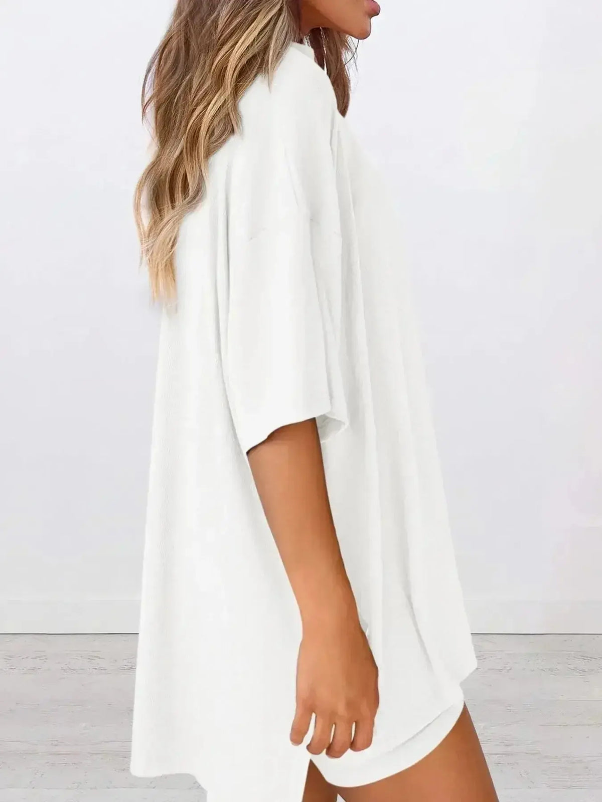 Plus size oversized slit-neck lounge pajamas set for women made of soft rayon, featuring a relaxed fit and comfortable design