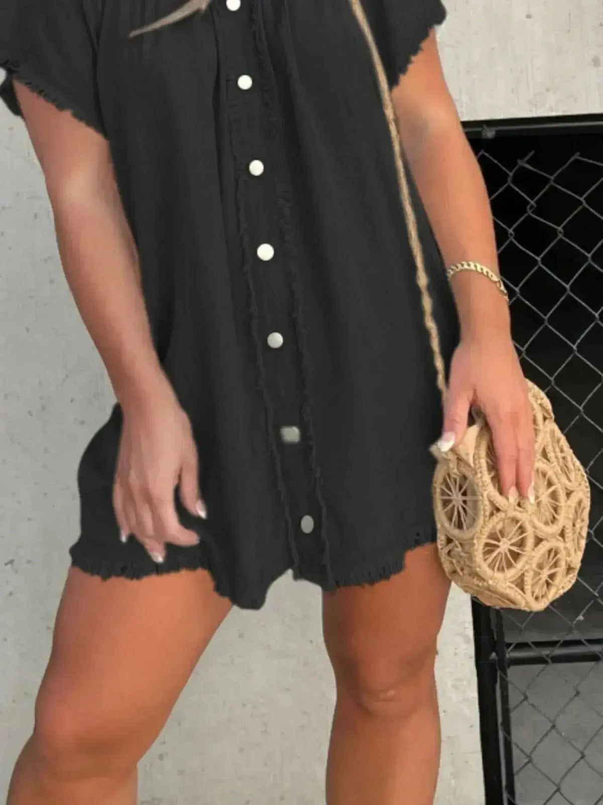 Plus size stretchy denim mini dress with raw hem, button-down front, casual style from Plush Fashion Hub.