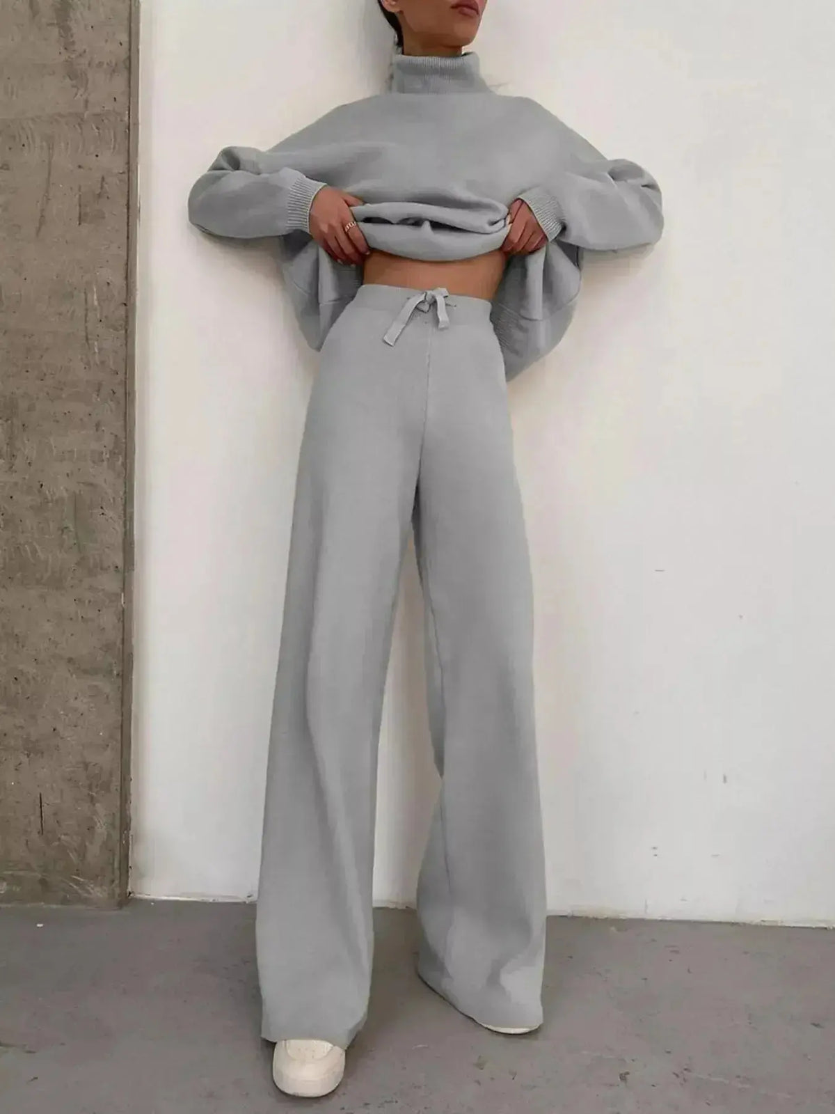 Plus size turtleneck long sleeve sweater and matching pants lounge set by Plush Fashion Hub, cozy and stylish two-piece outfit.