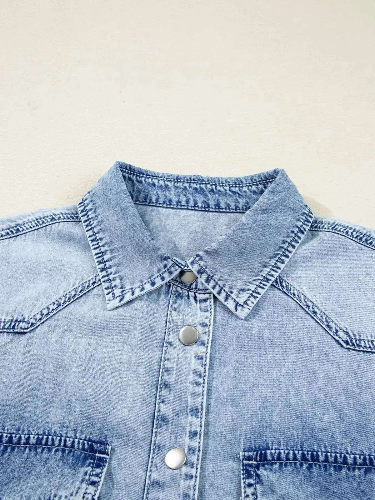 Plush Fashion Hub relaxed cotton denim shirt dress with raw hem, button-down front, and pockets, casual and trendy.